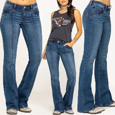 Vaqueros Acampanados Lavados de Ajuste Ceñido para Mujer Cintura Media Pantalones de Mezclilla Vintage con Costura Frontal