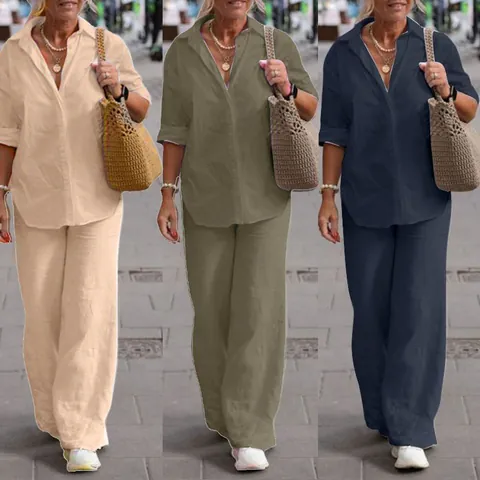 Women Two Piece Set Lapel Long Sleeve Shirt Wide Leg Pants Casual Solid Color Top And Bottom Outfits For Spring Autumn