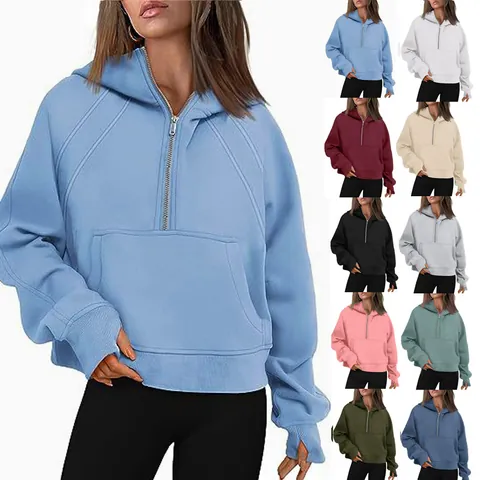 Sudadera con Capucha y Media Cremallera para Mujer Corta de Felpa Casual Deportiva con Agujeros para el Pulgar Bolsillo de Canguro Color Sólido Streetwear Top