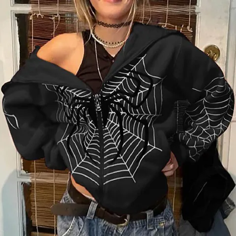 Women's Streetwear Full Zip Hooded Sweatshirt Oversized Printed Spiderweb Casual Long Sleeve Hoodie Jacket