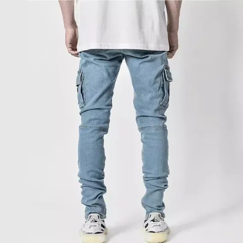 Jeans Urban Cargo da Uomo Slim Fit Tasche Multiple Lavato Stacked Pantaloni Tapered Tinta Unita Streetwear Misto Cotone Inferiore