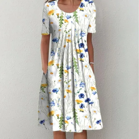 Women's Summer Short Sleeve Floral Print Midi Dress Round Neck A-Line Swing Dress With Pockets Casual Polyester Beach Dress