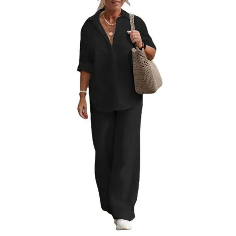 Women Two Piece Set Lapel Long Sleeve Shirt Wide Leg Pants Casual Solid Color Top And Bottom Outfits For Spring Autumn