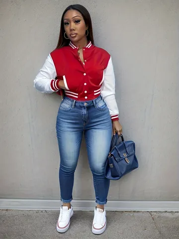 Women Color Block Varsity Jacket Single Breasted Baseball Coat Striped Ribbing Casual Outdoor Sportswear Long Sleeve Top