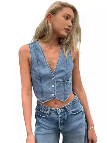 Women Casual Denim Vest Cropped V-Neck Washed Distressed Button Up Sleeveless Jacket Waistcoat Fashion Denim Tank Top