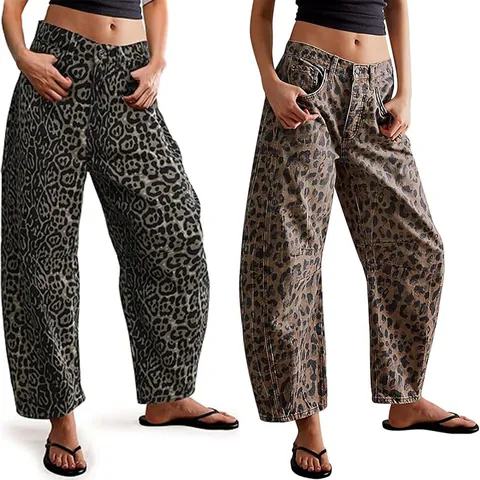 Women's Casual Leopard Print Barrel Jeans Cotton Blend Loose Fit Mid Waist Denim Trousers Autumn Streetwear Fashion Pants