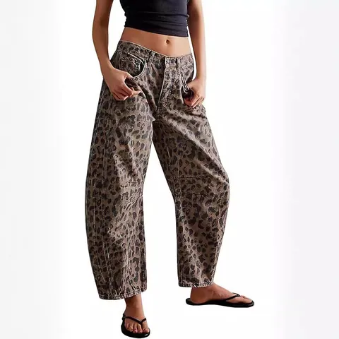 Women's Casual Leopard Print Barrel Jeans Cotton Blend Loose Fit Mid Waist Denim Trousers Autumn Streetwear Fashion Pants
