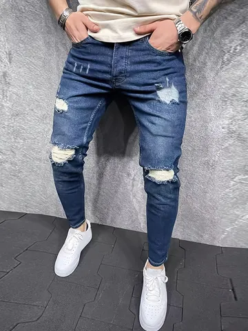 Men's Slim Fit Stretch Denim Jeans Tapered Leg Ripped Distressed Blue Washed Casual Fashion Long Denim Pants For Men