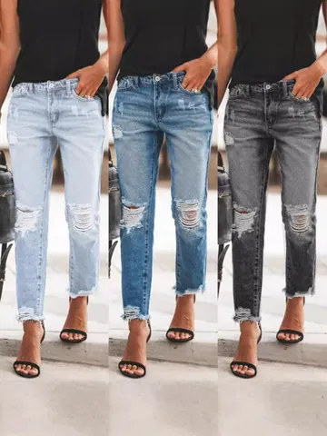 Women Distressed High Waist Straight Leg Jeans Retro Cotton Ripped Denim Bottoms Vintage Wash Raw Hem Long Denim Pants
