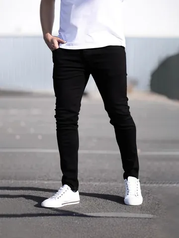 Jean En Denim Extensible Slim Fit Pour Hommes Couleur Unie Taille Moyenne Pantalon Crayon Skinny Pour Streetwear Casual Wear Bas