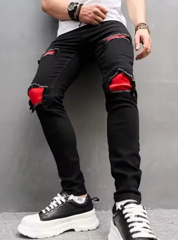 Men Streetwear Ripped Jeans Black Slim Fit Patchwork Denim Pants Elastic Distressed Tapered Bottom Casual Wear Trousers