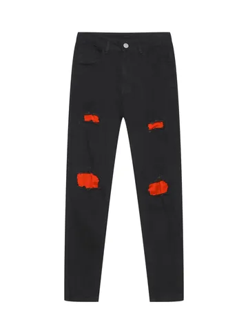 Men Streetwear Ripped Jeans Black Slim Fit Patchwork Denim Pants Elastic Distressed Tapered Bottom Casual Wear Trousers