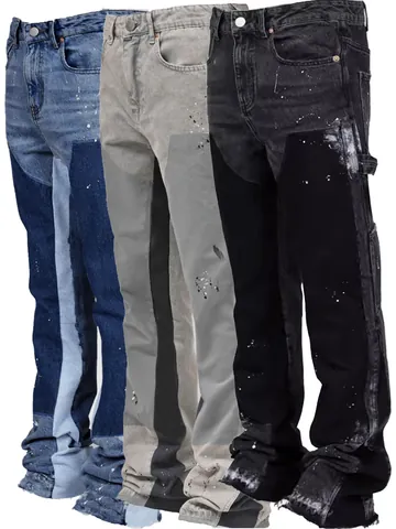 Men Western Fashion Patchwork Cotton Denim Cargo Pants Stacked Flare Leg Jeans With Paint Splatter Carpenter Trousers