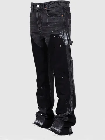 Men Western Fashion Patchwork Cotton Denim Cargo Pants Stacked Flare Leg Jeans With Paint Splatter Carpenter Trousers
