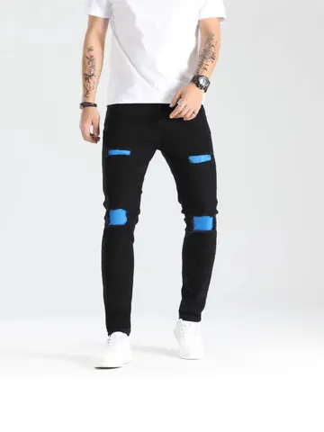 Jeans Skinny Strappati da Uomo di Tendenza Denim Nero Distressed Patchwork Blu Slim Fit Pantaloni Elasticizzati Streetwear Moda Uomo