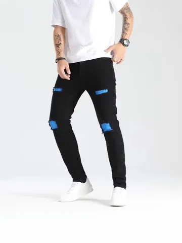 Jeans Skinny Strappati da Uomo di Tendenza Denim Nero Distressed Patchwork Blu Slim Fit Pantaloni Elasticizzati Streetwear Moda Uomo