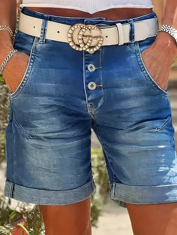 Women High Waist Stretch Denim Shorts Casual Button Fly Cuffed Hem Straight Washed Jeans Shorts For Daily Summer Wear