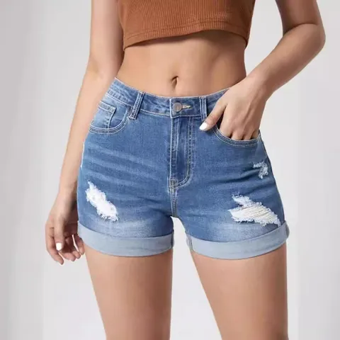 Pantaloncini di Jeans a Vita Alta da Donna Strappati Orlo Arrotolato Hot Pants Elasticizzati Streetwear Casual in Cotone Blu