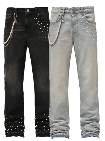 Men European Street Fashion Stacked Hem Jeans Cotton Washed Straight Pants With Artificial Pearl Embellishment Metal Chain Top