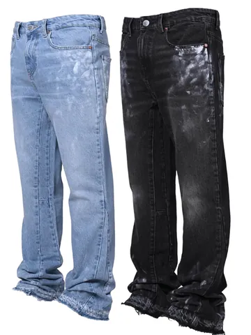 Men's Streetwear Straight Leg Denim Jeans Splatter Bleached Distressed Raw Hem Stretch Denim Pants For Men Casual Street Style