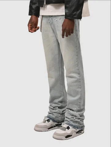 Men European Street Fashion Stacked Hem Jeans Cotton Washed Straight Pants With Artificial Pearl Embellishment Metal Chain Top