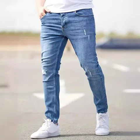 Men's American Style Stretch Skinny Jeans Distressed Ripped Denim Pants Distressed Slim Fit Pencil Trousers For Casual Daily Wear