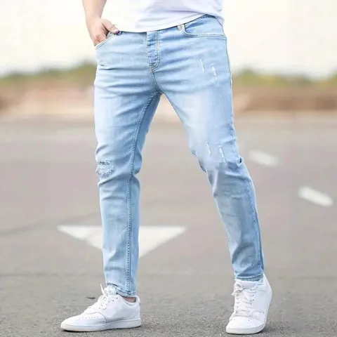 Men's American Style Stretch Skinny Jeans Distressed Ripped Denim Pants Distressed Slim Fit Pencil Trousers For Casual Daily Wear