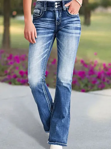 Vaqueros Acampanados Bordados Vintage para Mujer Pantalones de Mezclilla Elásticos de Cintura Alta con Bordado de Alas de Cruz en el Bolsillo Azul