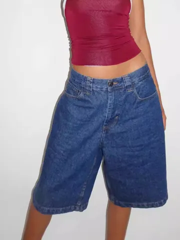 Women's Vintage Loose Bermuda Denim Shorts Casual Non-Stretch Knee Length Mid Waist Distressed Wide Leg Jean Shorts (16391)