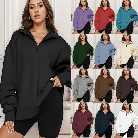 Felpa Donna Casual Con Mezza Zip Oversize Collo Rialzato Manica Lunga Tinta Unita Top Autunno Inverno