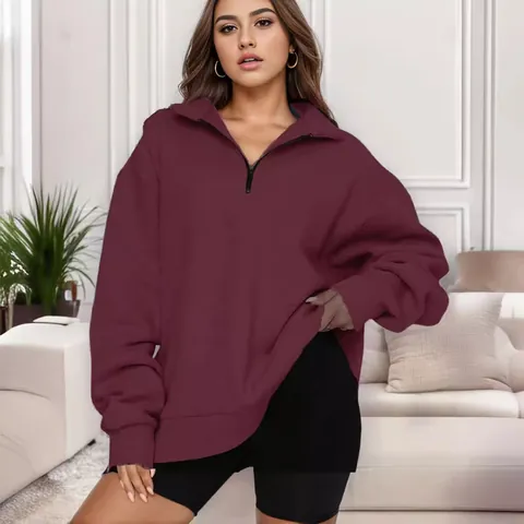 Felpa Donna Casual Con Mezza Zip Oversize Collo Rialzato Manica Lunga Tinta Unita Top Autunno Inverno