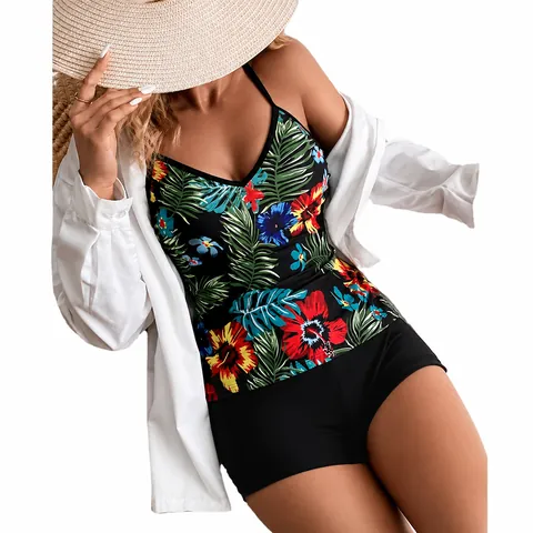 Damen Tankini Badeanzug Tropisches Blumendruck V-Ausschnitt Top Und Boxershorts Hohe Taille Zweiteilige Bademode Bauchweg Badeanzug