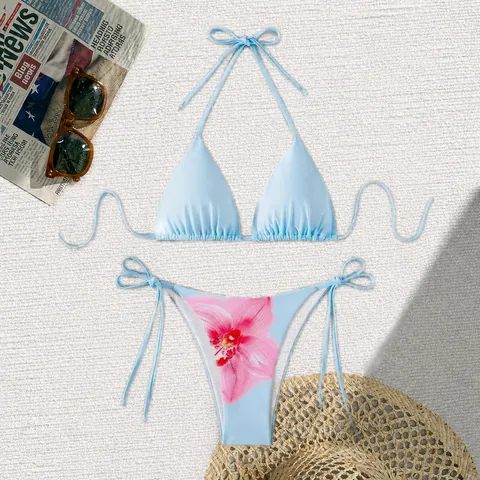 Women Sexy Halter Neck Triangle Bikini Set Floral Lily Print Two Piece Swimsuit Top And Bottom Beachwear Bathing Suit