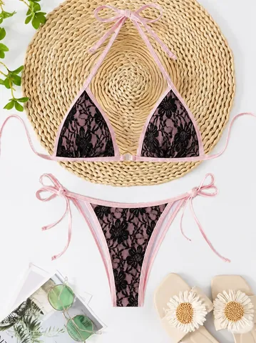 Sexy Floral Lace Bikini Set For Women Halter Neck Backless String Beachwear Top And Bottom Vacation Swimsuit