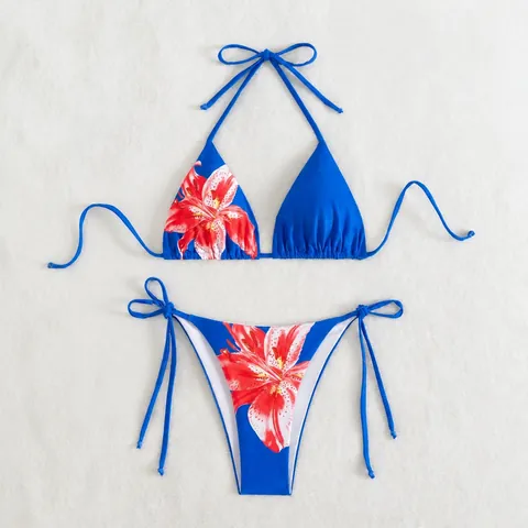 Women Sexy Halter Neck Triangle Bikini Set Floral Lily Print Two Piece Swimsuit Top And Bottom Beachwear Bathing Suit