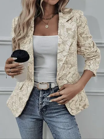 Veste de Blazer Gaufrée Rétro Française pour Femmes Jacquard Floral Coupe Slim Col à Revers Top Elégante Commuter Veste de Costume à Manches Longues