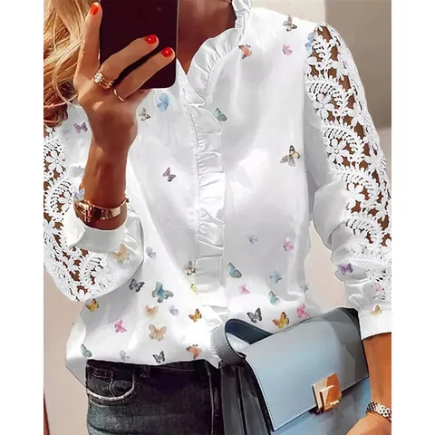 Elegant Butterfly Print White Lace Patchwork Long Sleeve Blouse For Women Ruffle Collar Loose Polyester Shirt Casual Office Top