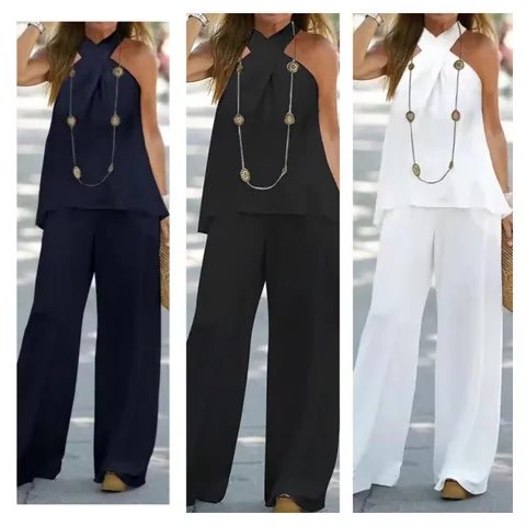 Elegant Women Halter Sleeveless Top And Bottom Solid Color Wide Leg Pants Outfits Fashion Polyester Clothing For Summer