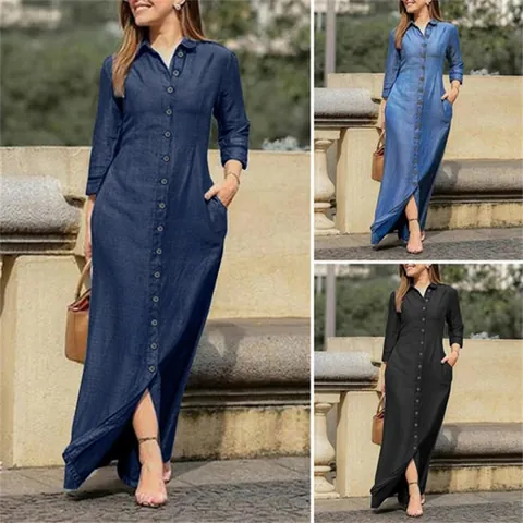 Women Autumn Long Sleeve Lapel Denim Maxi Dress Single Breasted Button Shirt Dress Solid Color Pocket Office Gown