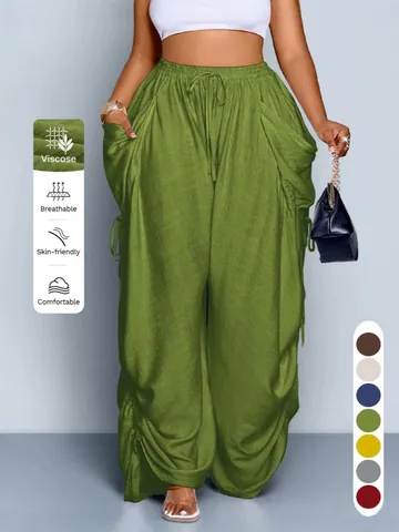 Women's Plus Size Polyester Linen Blend High Waist Lantern Pants Drawstring Pleated Loose Casual Bottoms For Summer Vacation