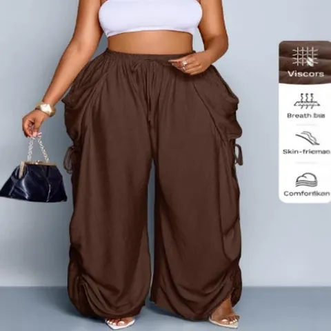 Women's Plus Size Polyester Linen Blend High Waist Lantern Pants Drawstring Pleated Loose Casual Bottoms For Summer Vacation