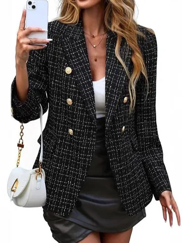Women Elegant Slim Fit Polyester Tweed Style Printed Blazer Notch Lapel Long Sleeve Double Breasted Button Suit Jacket Top