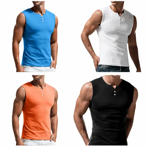 Men's Sleeveless Henley Tank Top Breathable Cotton Blend Lightweight Sports Fitness T-Shirt Casual Slim Fit Summer Vest