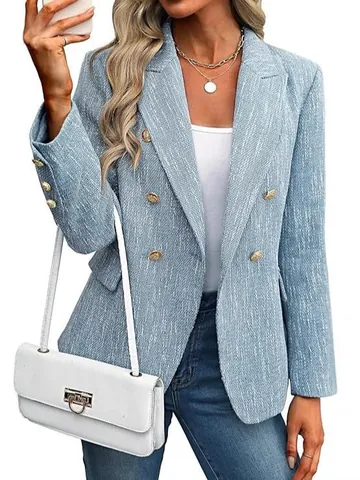 Women Elegant Slim Fit Polyester Tweed Style Printed Blazer Notch Lapel Long Sleeve Double Breasted Button Suit Jacket Top