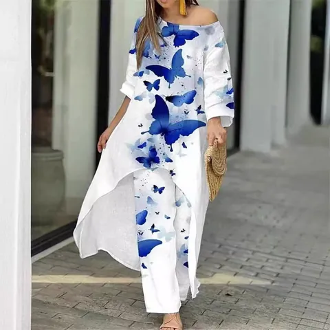 Women Retro Floral Butterfly Print Asymmetrical Top And Wide Leg Pants Co-ord Outfit For Summer Vacation Casual Daily Wear