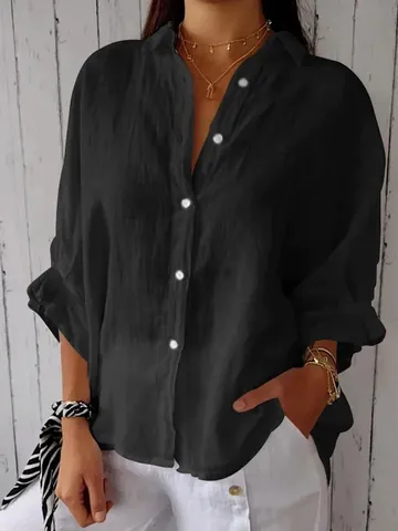 Women Casual Ramie Cotton Linen Shirt Lace Up Back Design Long Sleeve Button Down Blouse Breathable Loose Sun Protection Top