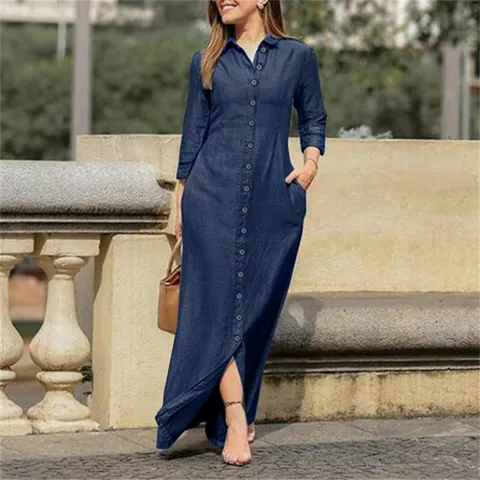 Women Autumn Long Sleeve Lapel Denim Maxi Dress Single Breasted Button Shirt Dress Solid Color Pocket Office Gown