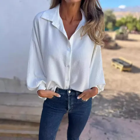 Camicia da Donna Casual a Tinta Unita a Maniche Lunghe Con Bottoni e Revers Camicetta Elegante da Ufficio Abbigliamento da Lavoro alla Moda a Pieghe
