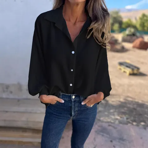 Camicia da Donna Casual a Tinta Unita a Maniche Lunghe Con Bottoni e Revers Camicetta Elegante da Ufficio Abbigliamento da Lavoro alla Moda a Pieghe