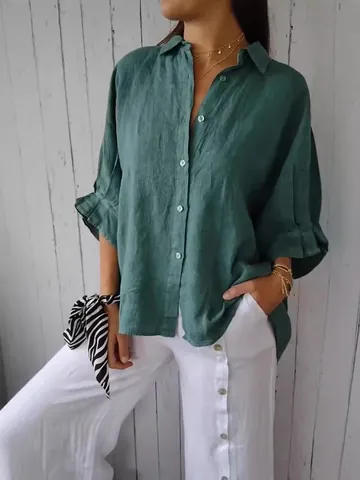 Women Casual Ramie Cotton Linen Shirt Lace Up Back Design Long Sleeve Button Down Blouse Breathable Loose Sun Protection Top